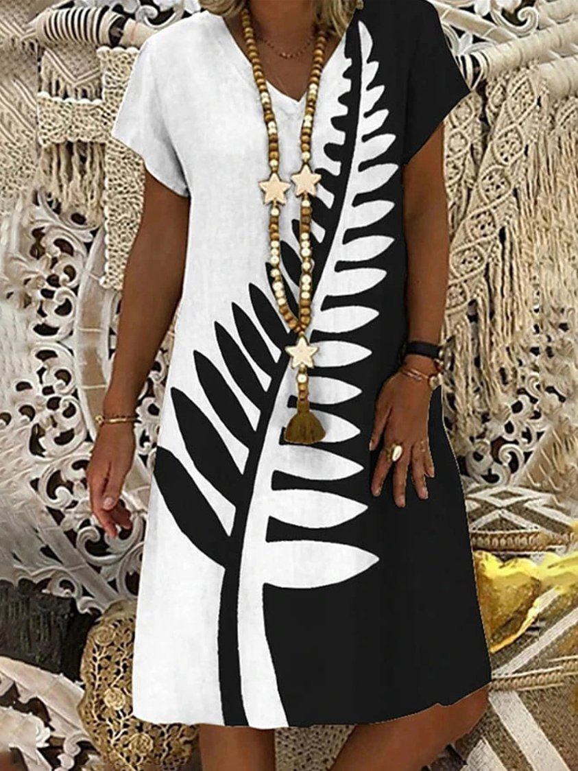 All-matched Printed Short-sleeved V-neck Dress for Women