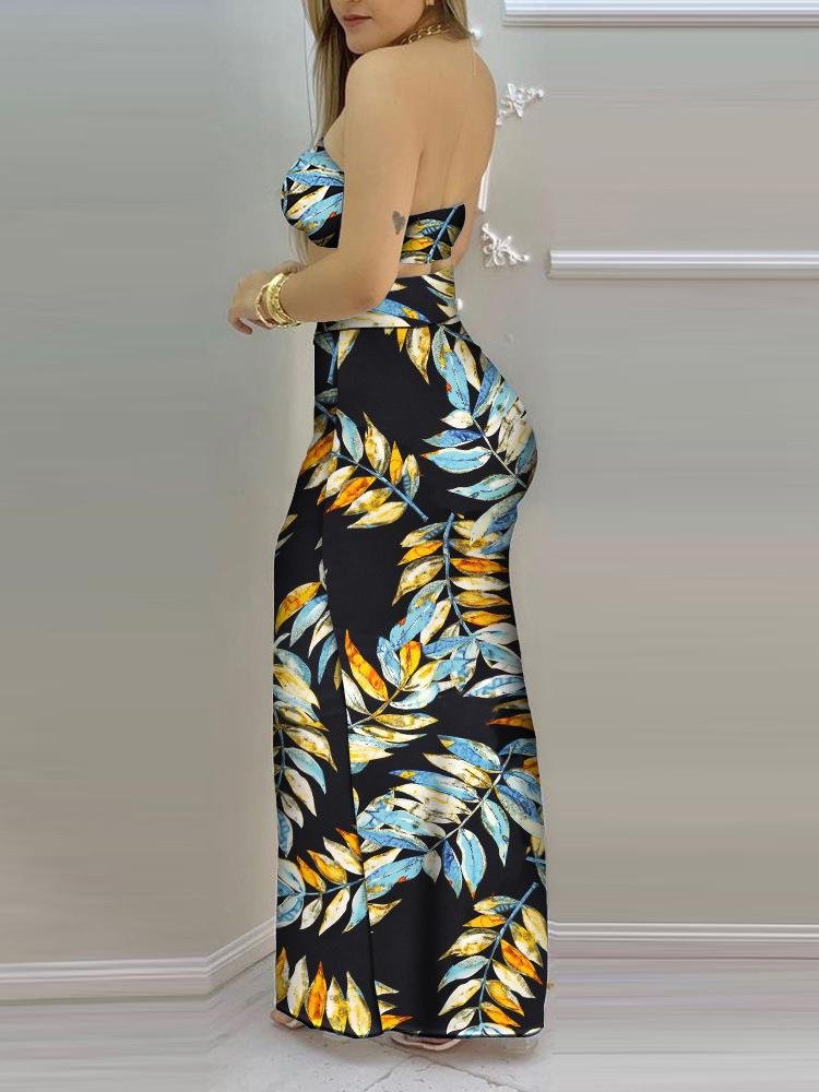 All Over Print Bandeau Crop Top & Drawstring High Slit Skirt Sets for Women