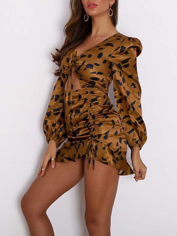 All Over Print Ruffle Hem Drawstring Peekaboo Dress for Women