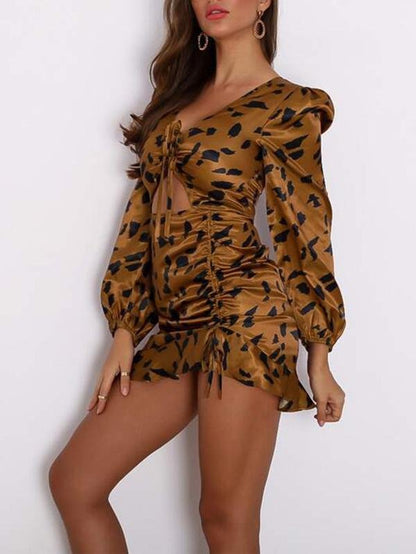 All Over Print Ruffle Hem Drawstring Peekaboo Dress for Women