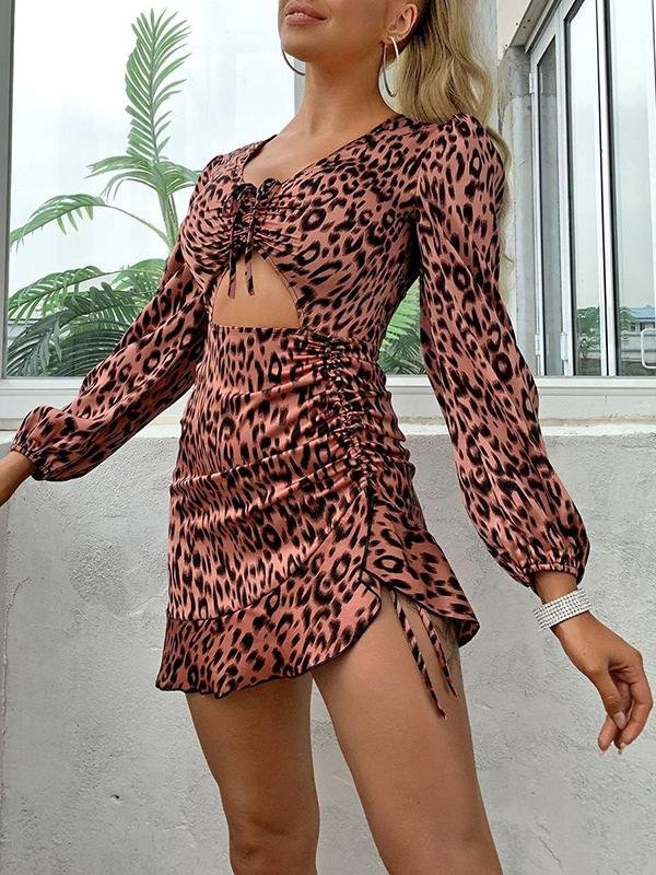 All Over Print Ruffle Hem Drawstring Peekaboo Dress for Women