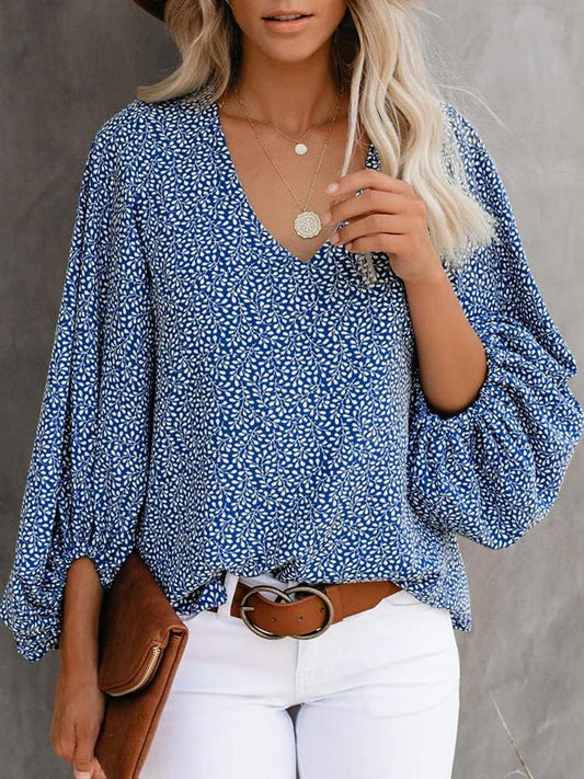 All Over Print Surplice Neck Lantern Sleeve Blouse for Women