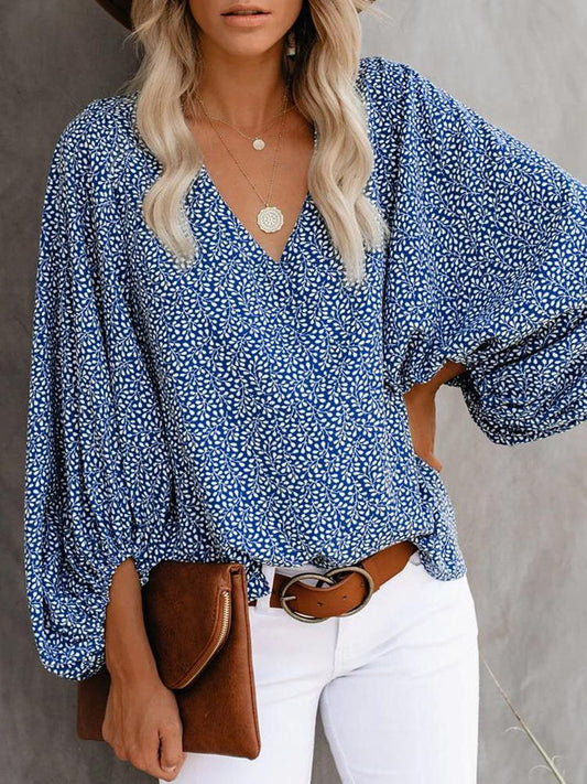 All Over Print Surplice Neck Lantern Sleeve Blouse for Women