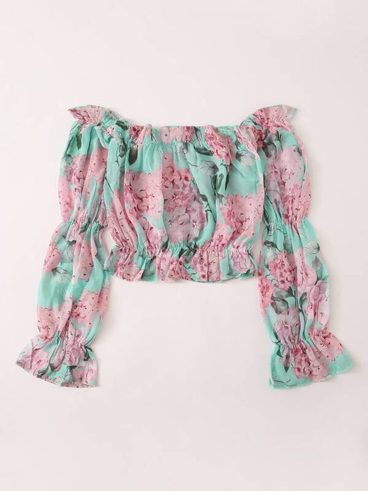 Allover Floral Frill Bardot Crop Blouse for Women