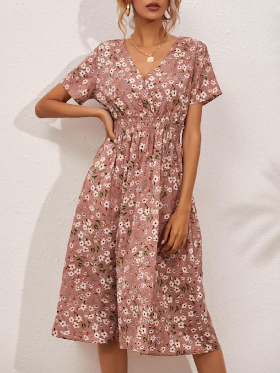 Allover Floral Shirred Wrap Dress for Women