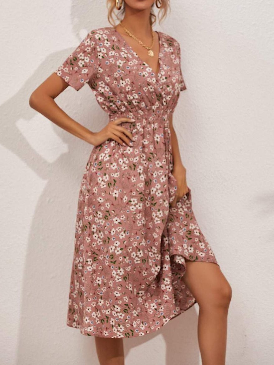 Allover Floral Shirred Wrap Dress for Women