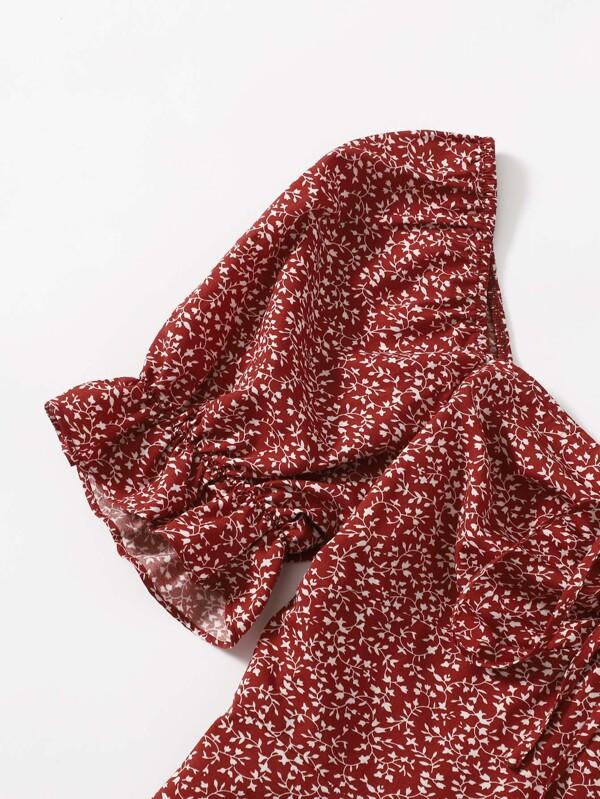 Allover Plants Print Drawstring Front Ruffle Cuff Dress for Women