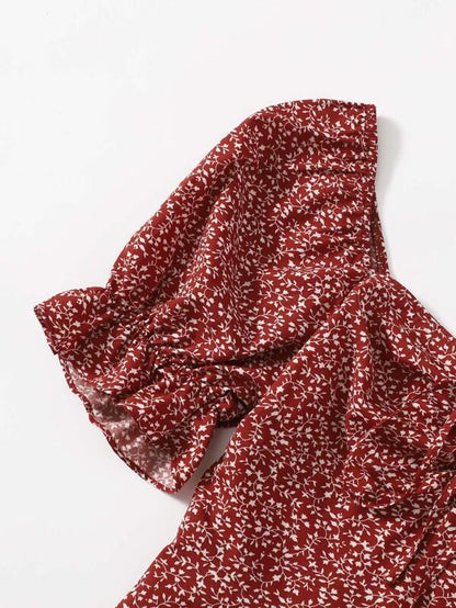 Allover Plants Print Drawstring Front Ruffle Cuff Dress for Women