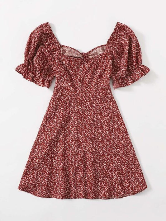 Allover Plants Print Drawstring Front Ruffle Cuff Dress for Women