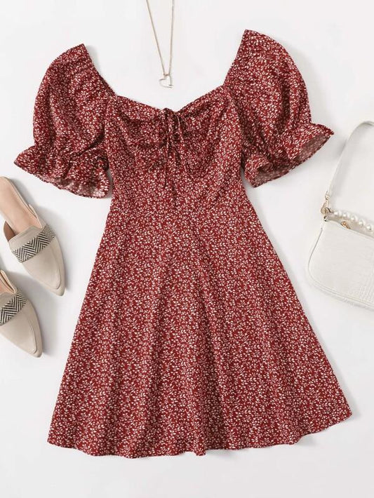 Allover Plants Print Drawstring Front Ruffle Cuff Dress for Women