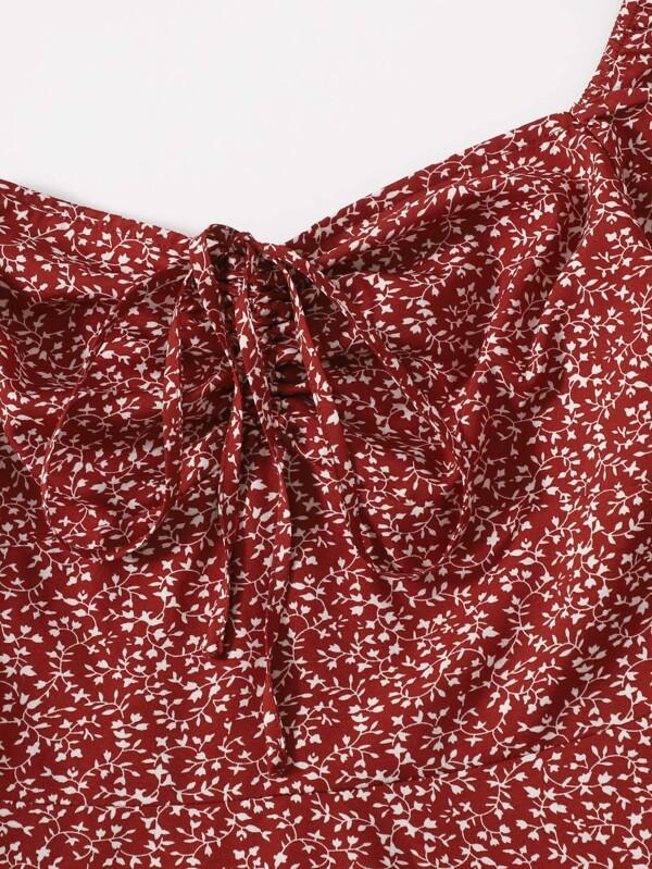 Allover Plants Print Drawstring Front Ruffle Cuff Dress for Women