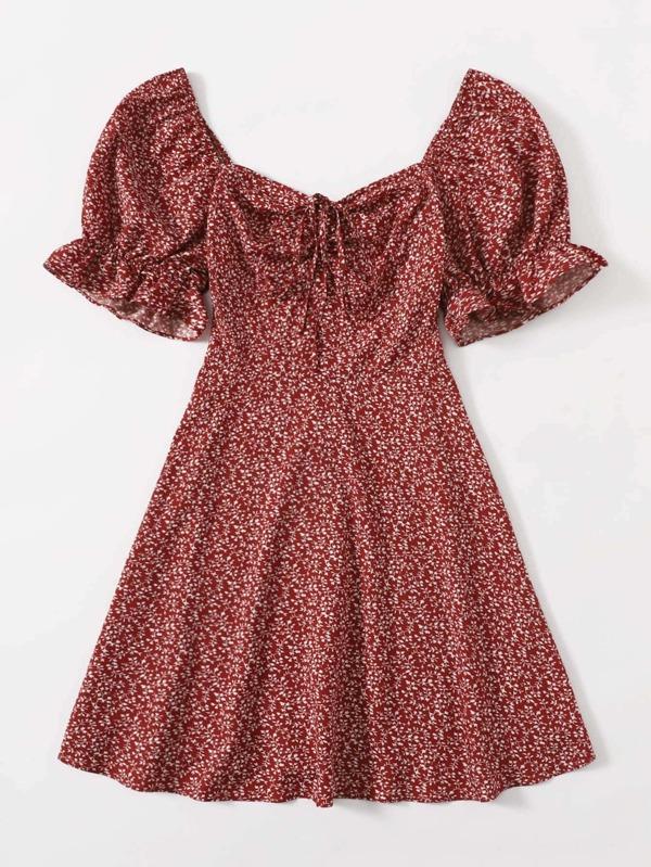 Allover Plants Print Drawstring Front Ruffle Cuff Dress for Women
