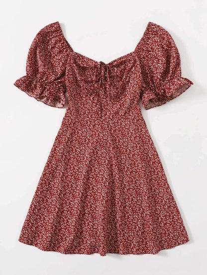 Allover Plants Print Drawstring Front Ruffle Cuff Dress for Women
