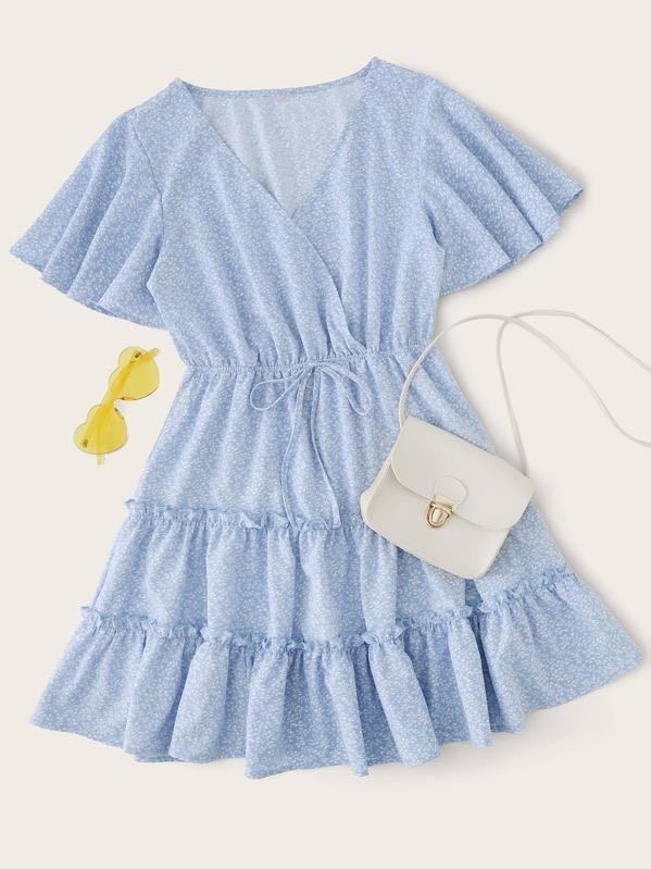 Allover Plants Print Flutter Sleeve Frill Trim Tiered Dress for Women