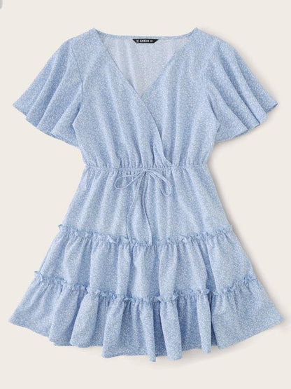 Allover Plants Print Flutter Sleeve Frill Trim Tiered Dress for Women