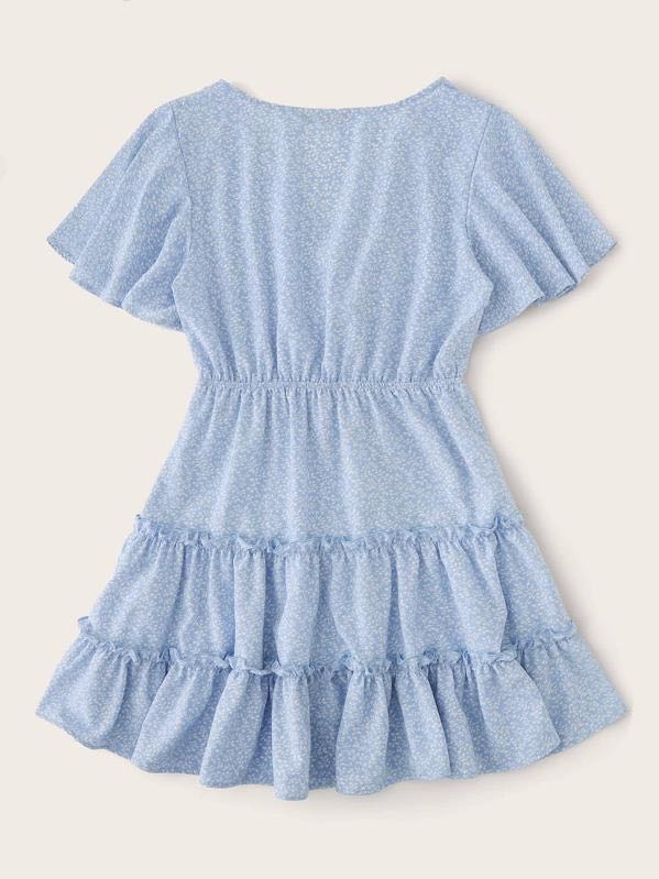 Allover Plants Print Flutter Sleeve Frill Trim Tiered Dress for Women