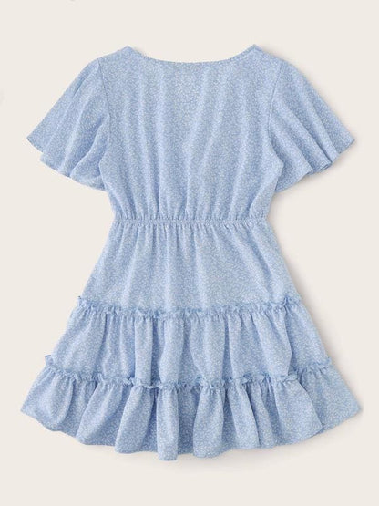 Allover Plants Print Flutter Sleeve Frill Trim Tiered Dress for Women
