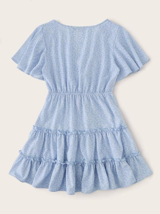 Allover Plants Print Flutter Sleeve Frill Trim Tiered Dress for Women