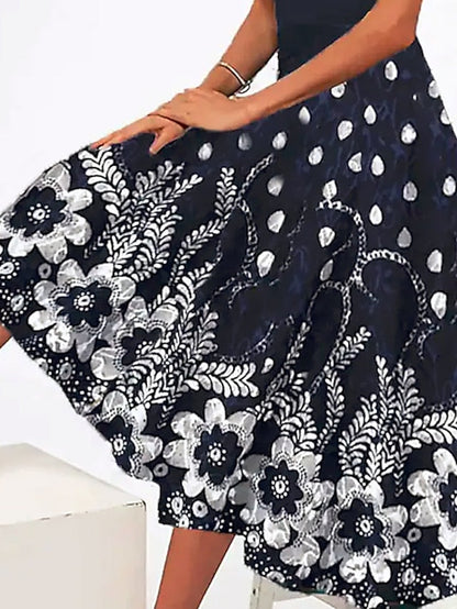 A Line Dress Midi Dress Blue Short Sleeve Print Print Spring Summer V Neck Casual  S M L XL XXL 3XL / Cotton for Women