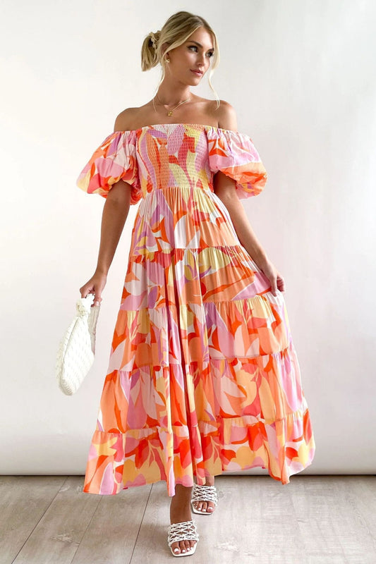 Vestido largo con hombros descubiertos, mangas abullonadas y estampado Andrea