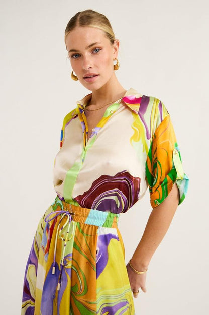 Conjunto de blusa de satén estampada Anna