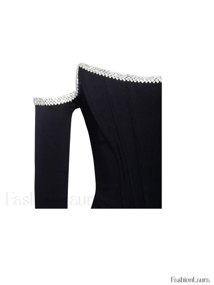 Annika Black Off Shoulder Long Trendy Sleeve Corset Dress With Crystal Trim