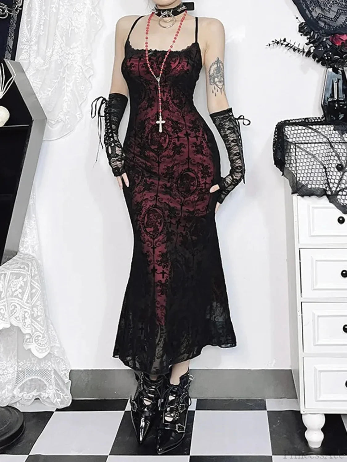 Antique Cross Design Spaghetti Midi Dress