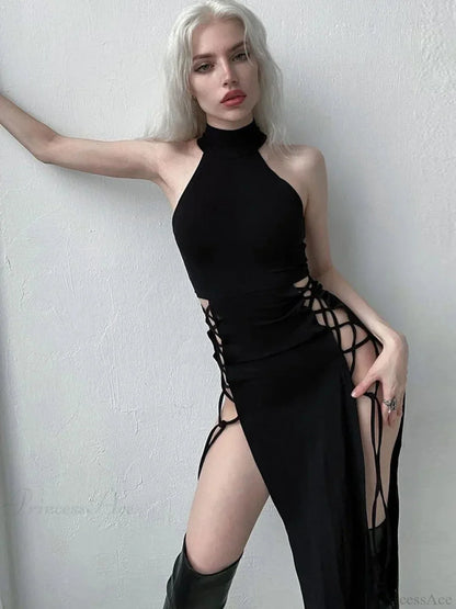 Antique Futuristic Hollow Lace-Up Full-Length Dress