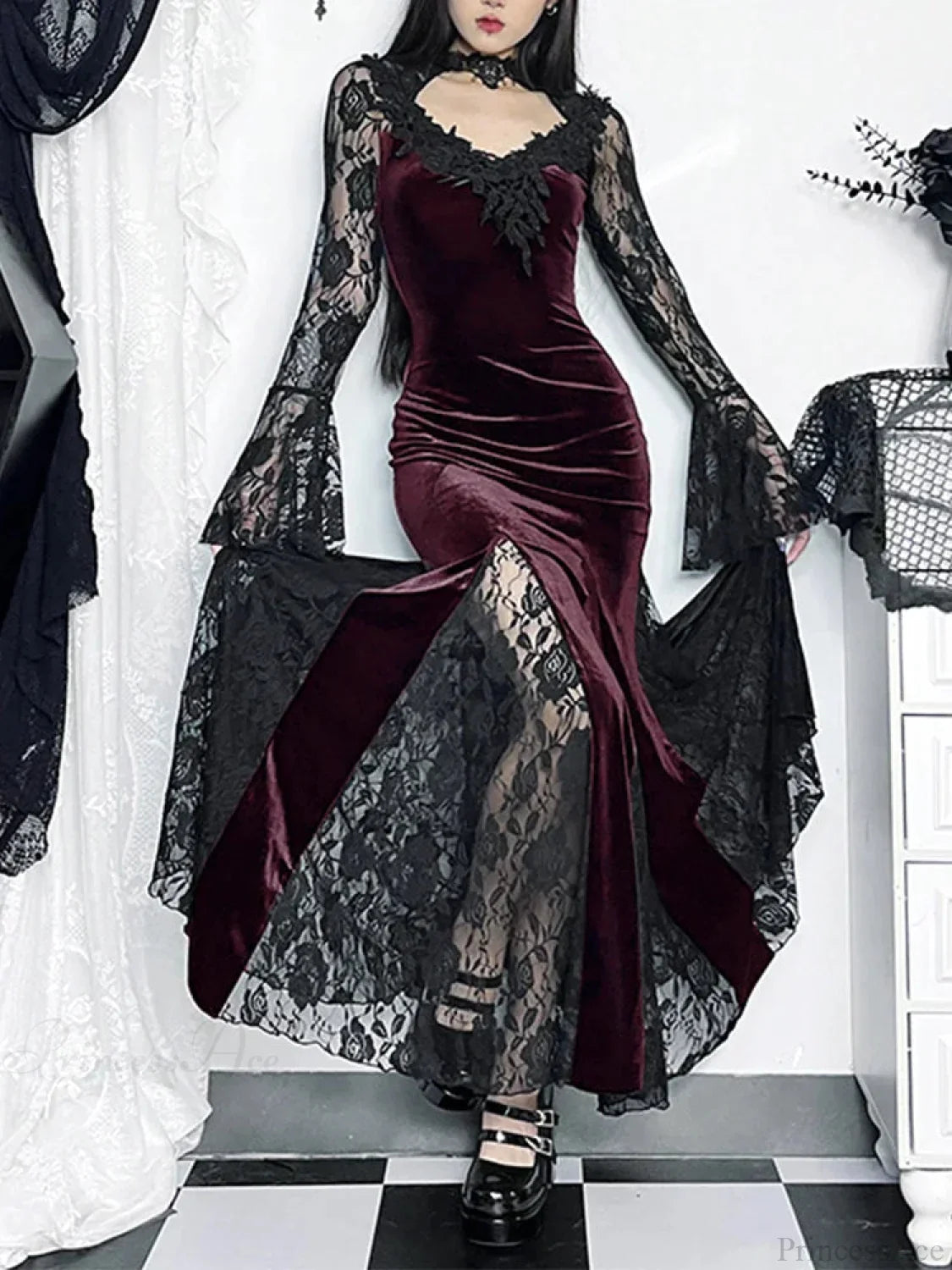 Antique Lace Flare Sleeve Midi Dress