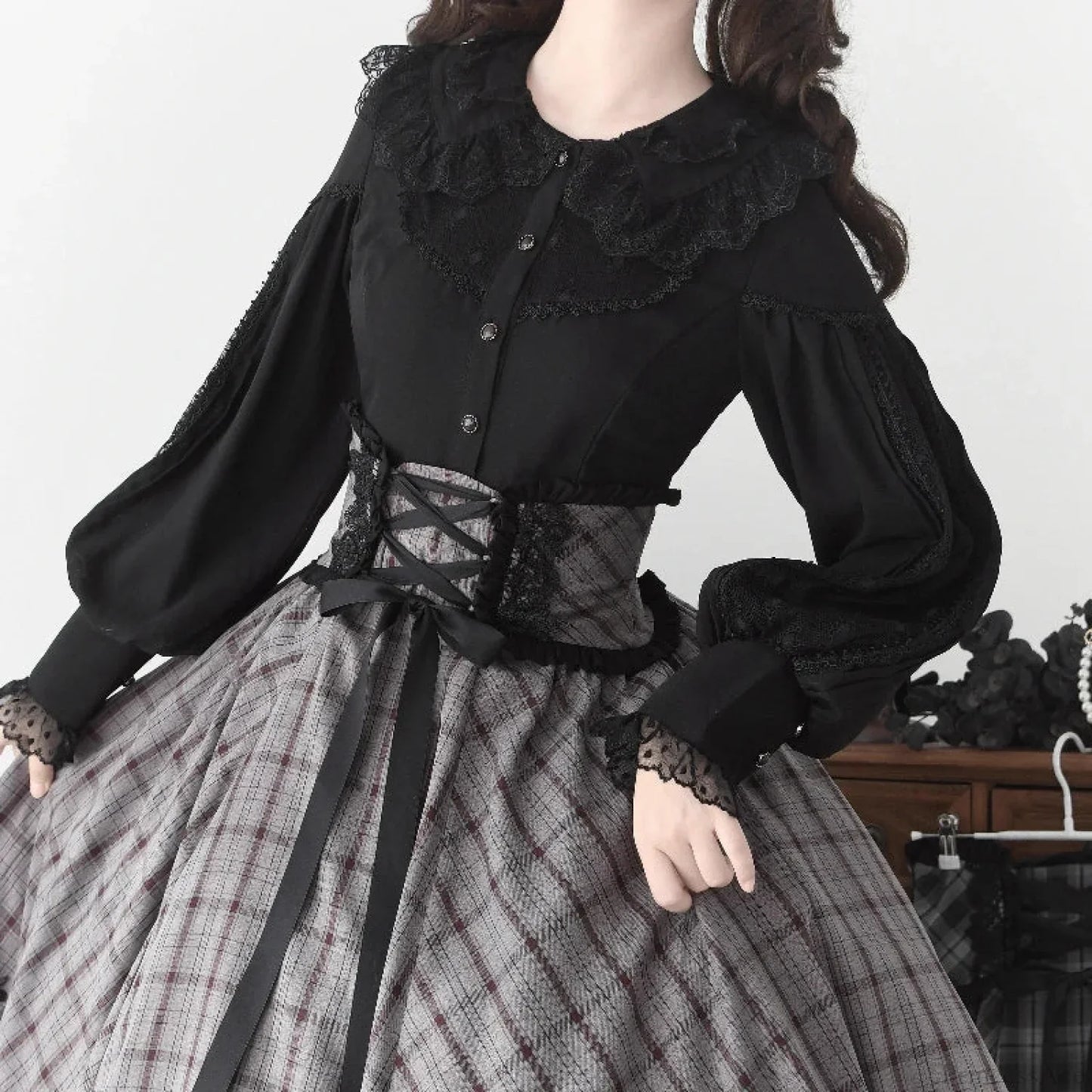 Antique Lace Frill Gigot Sleeve Blouse