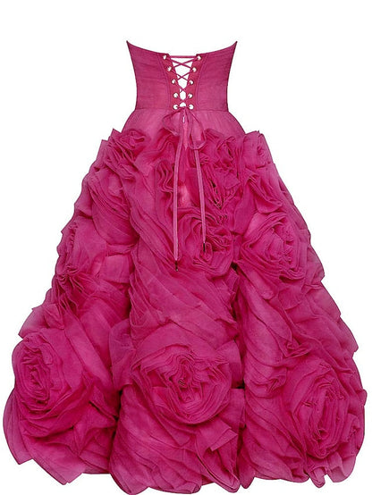 A-Line Prom Dresses Floral Dress Masquerade Ankle Length Sleeveless Strapless Tulle Backless with Floral 2023