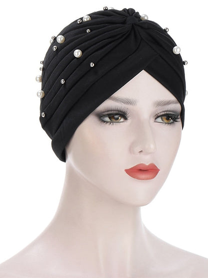 Boutique Solid Folds Pearl Muslim Turban Scarf Women Elastic Islamic Inner Hijab Caps Arab Wrap Head Femme Musulman Turbante for Women