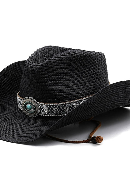 Turquoise Decoration Western Cowboy Hat Men Women Cowgirl Summer Straw Hats For Lady Sun Hat Beach Cowgirl Jazz Hat for Women