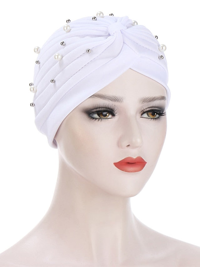 Boutique Solid Folds Pearl Muslim Turban Scarf Women Elastic Islamic Inner Hijab Caps Arab Wrap Head Femme Musulman Turbante for Women
