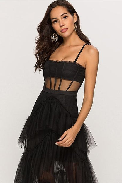 Vestido largo de malla con escote tipo corsé Arlene