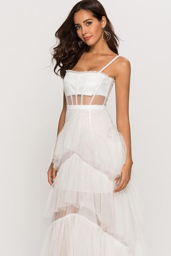 Vestido largo de malla con escote tipo corsé Arlene