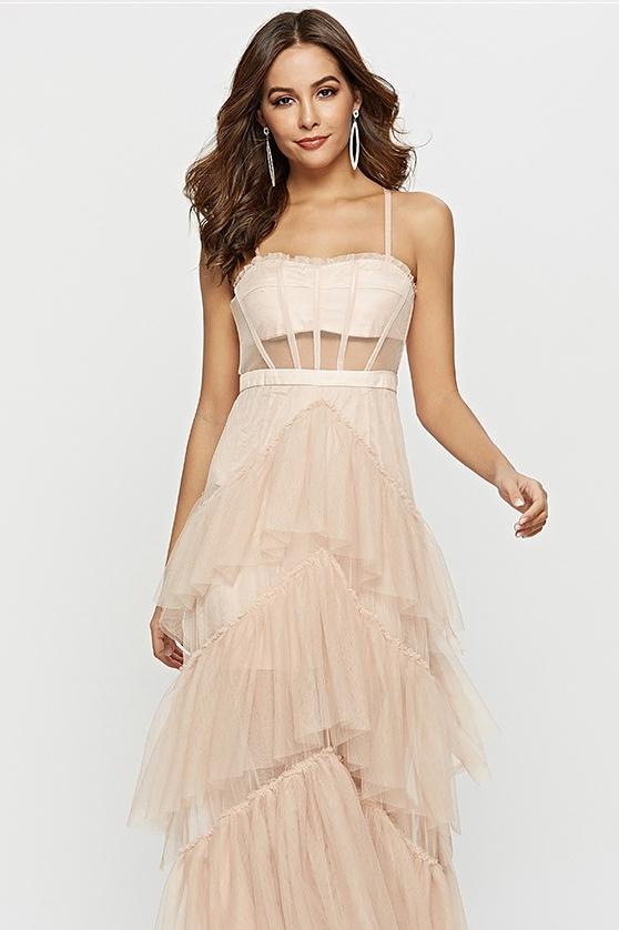 Vestido largo de malla con escote tipo corsé Arlene