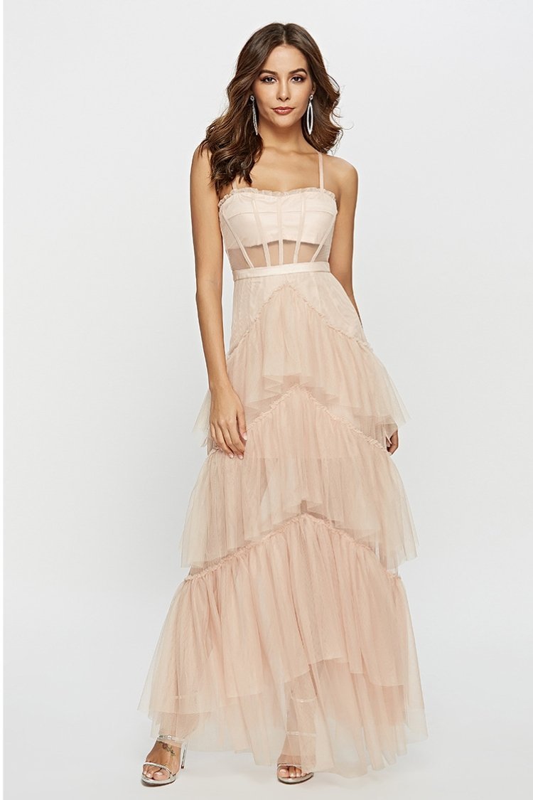 Vestido largo de malla con escote tipo corsé Arlene