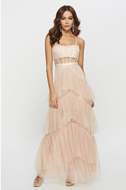 Vestido largo de malla con escote tipo corsé Arlene
