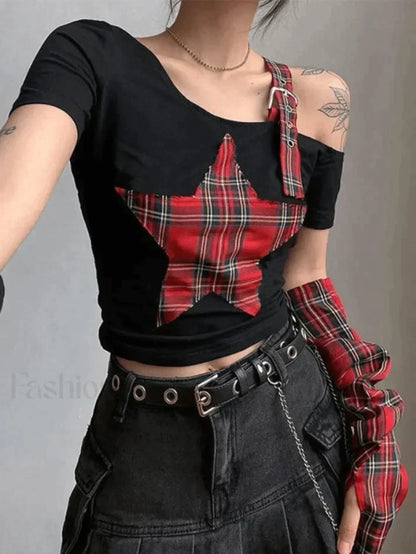 Arm Gloves Cold Shoulder Star Black Crop Top
