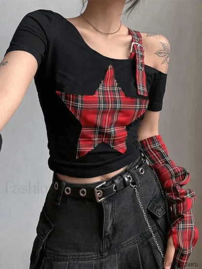 Arm Gloves Cold Shoulder Star Black Crop Top