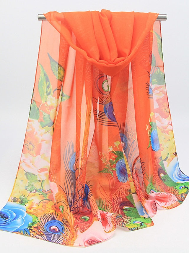 Ladies Peacock Feather Print Chiffon Silk Scarf Sun Protection Beach Towel Shawl for Women