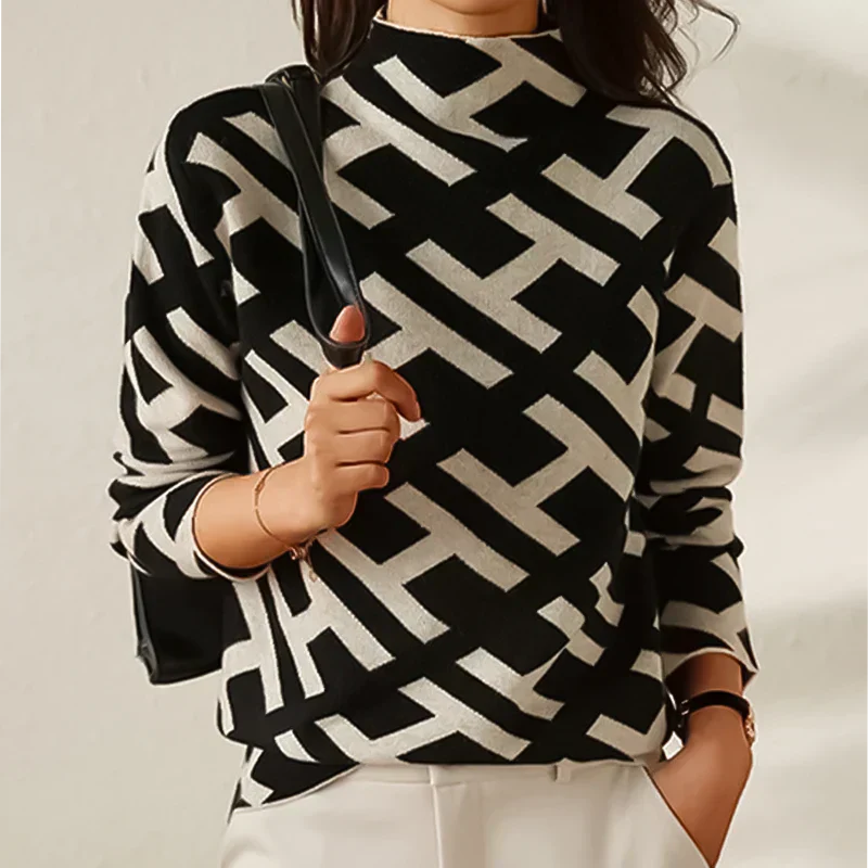 Elegante jersey de punto estampado para mujer con cuello alto | Ideal para otoño/invierno