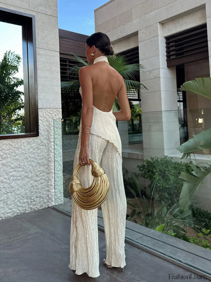 Asymmetric Halter Crop Top With Wide Leg Pants Set