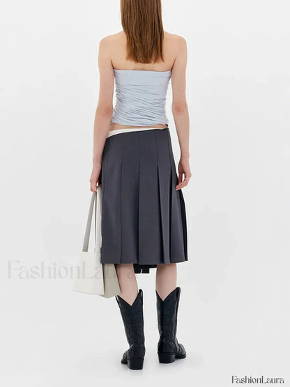 Asymmetric Striped Pleated Midi Skirt