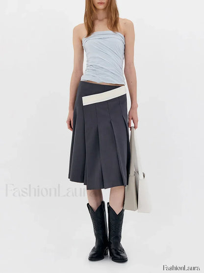 Asymmetric Striped Pleated Midi Skirt