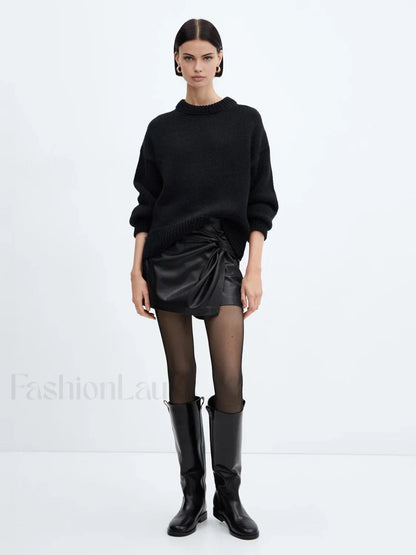 Asymmetrical Pleated Twisted Trendy Faux Leather Mini Skirt