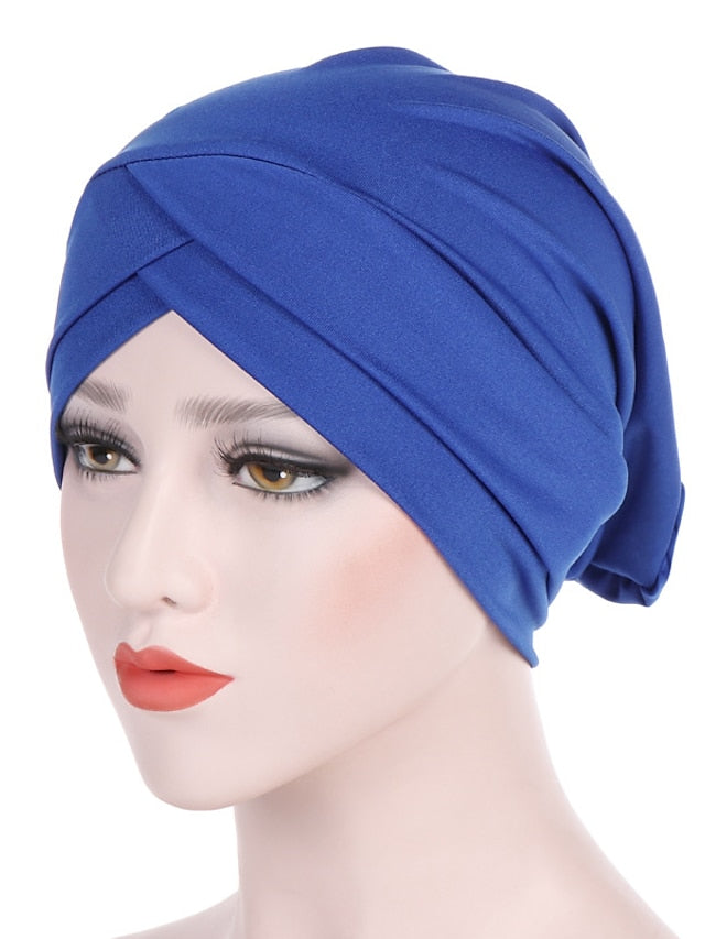 Solid Stretch Fabric Forehead Cross India Cap Turban Hat Women Elastic Turban Muslim Hijab Islamic India Hair Loss Caps Scarf Headwraps for Women
