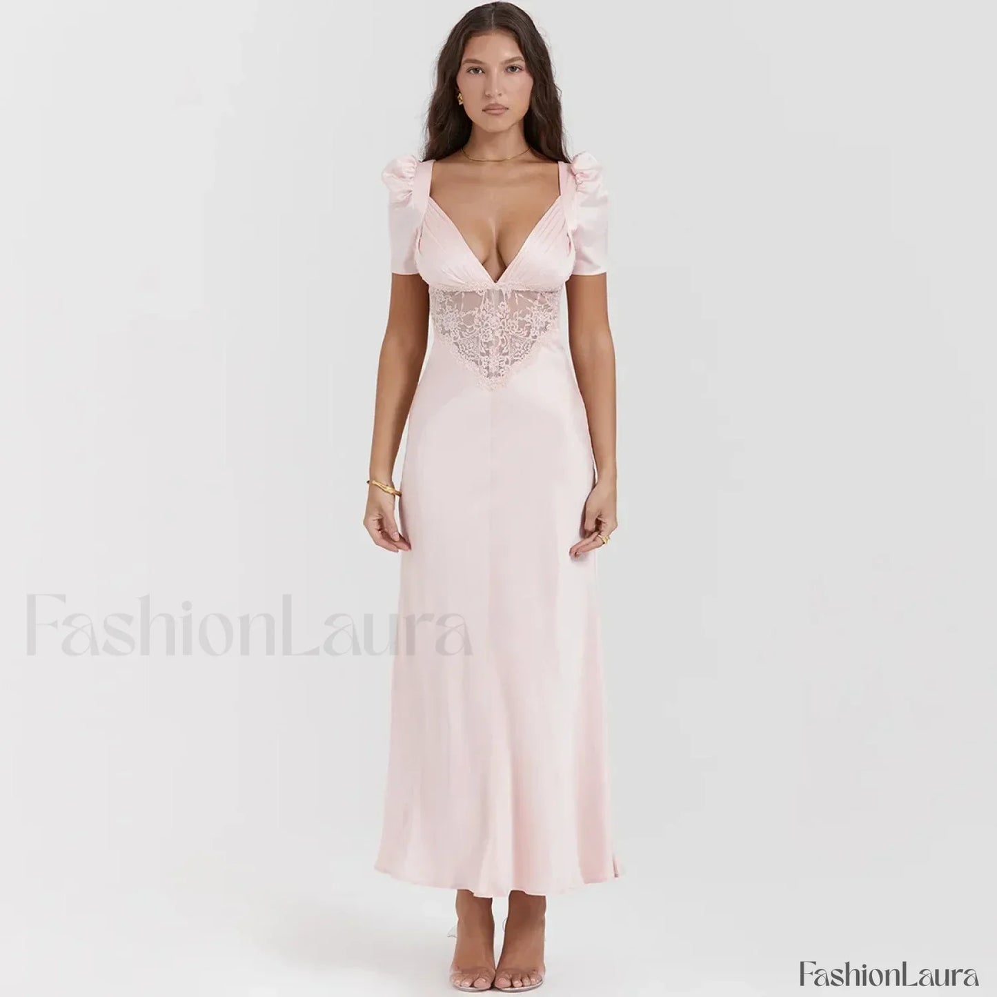 Autumn Long Elegant Pink Maxi V Neck Formal Occasion Puff Sleeve Lace Dress