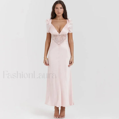 Autumn Long Elegant Pink Maxi V Neck Formal Occasion Puff Sleeve Lace Dress